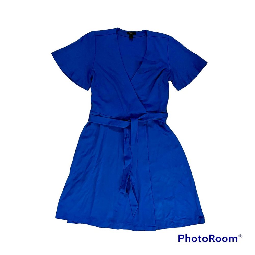 Ann Taylor Blue V-Neck Wrap Dress Flutter Sleeves Size 6P